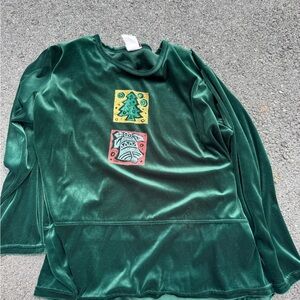 Green Velvet Long Sleeve Top with Embroidered Patches vintage made in USA . 2xl
